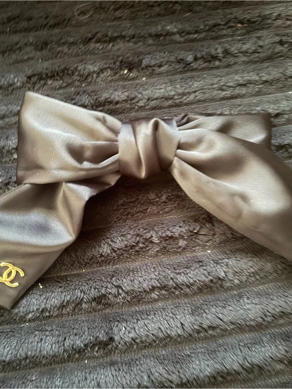 Chanel black Satin Bow Hair Accessory with Gold Logo Detail
